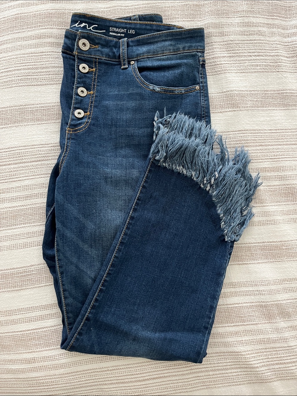 INC International Concepts Indigo Straight-Leg Jeans with Frayed Ankle